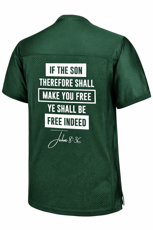 Free Indeed Men’s Jersey – John 8:36 KJV | Christian Faith Athletic Shirt