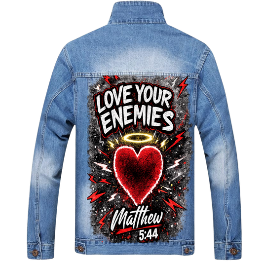 Love Them! Men’s Distressed Denim Jacket – Matthew 5:44 Faith Statement Jacket