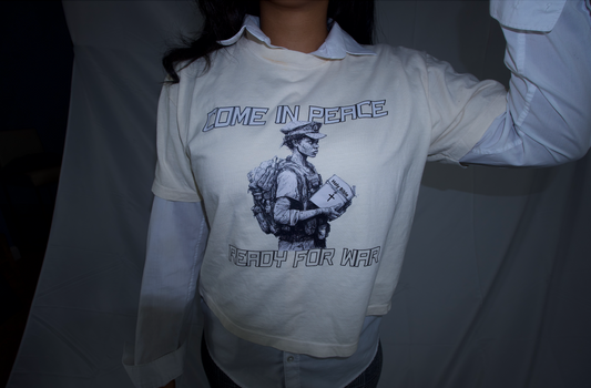 Come in Peace… Ready for War™ Women’s Ivory Crop Tee | Unashamed Christian Apparel