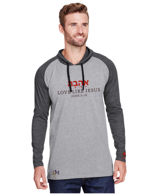 Love Like Jesus Men's Hooded Raglan Long Sleeve Fine Jersey T-Shirt