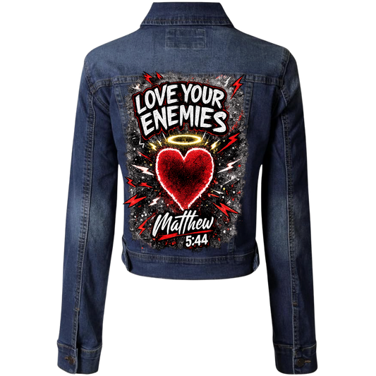 Love Them! Women’s Cropped Denim Jacket – Matthew 5:44 Faith Statement Jacket