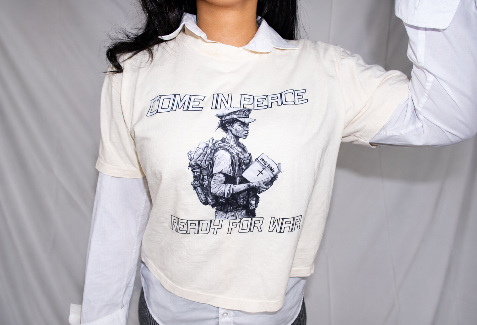 Come in Peace… Ready for War™ Women’s Ivory Crop Tee | Unashamed Christian Apparel