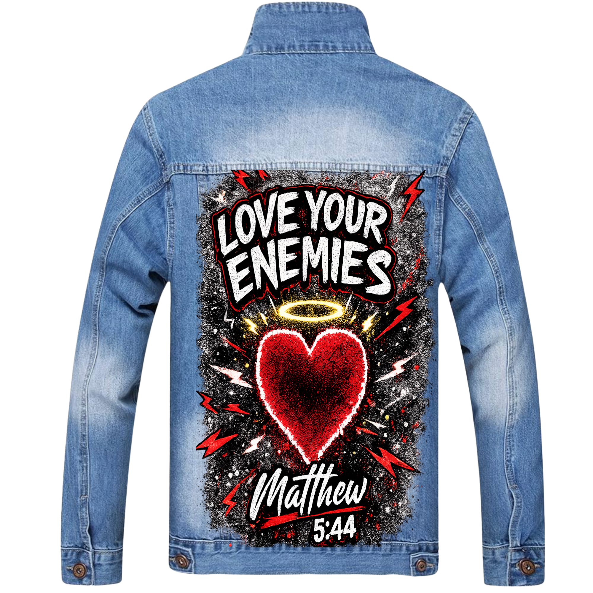 Love Them! Men’s Distressed Denim Jacket – Matthew 5:44 Faith Statement Jacket