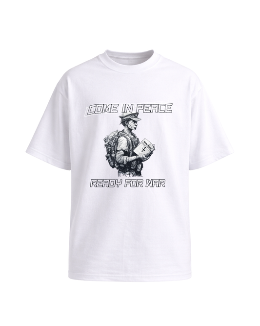 Come in Peace… Ready for War™ Men’s Heavyweight Short Sleeve Tee | Unashamed Christian Apparel