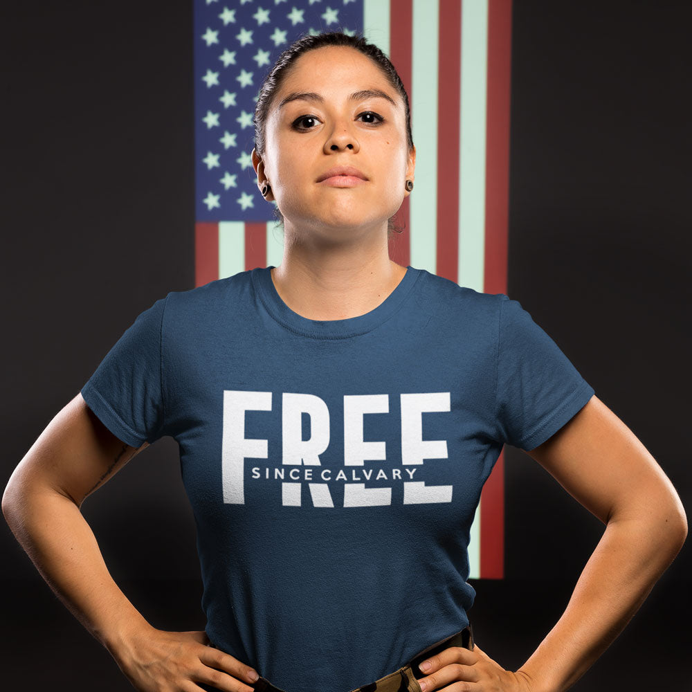 Free Since Calvary shirt navy blue front