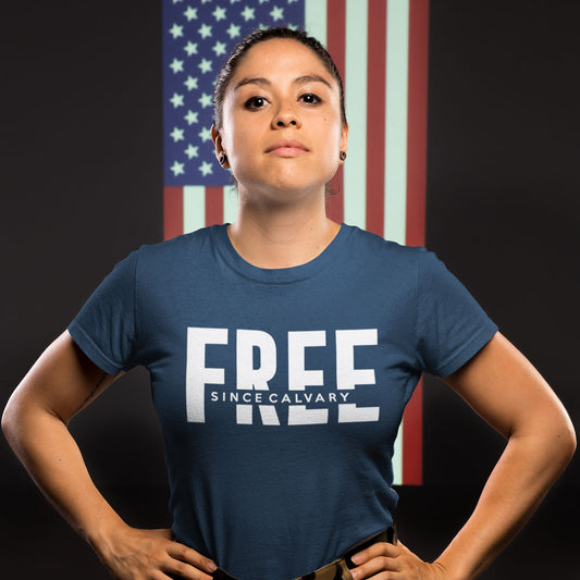 Free Since Calvary shirt navy blue front