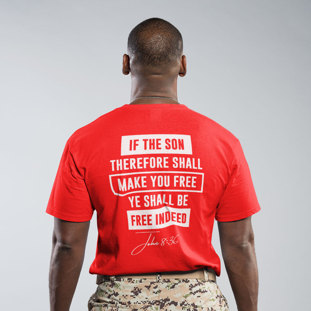 Free Since Calvary shirt navy red back